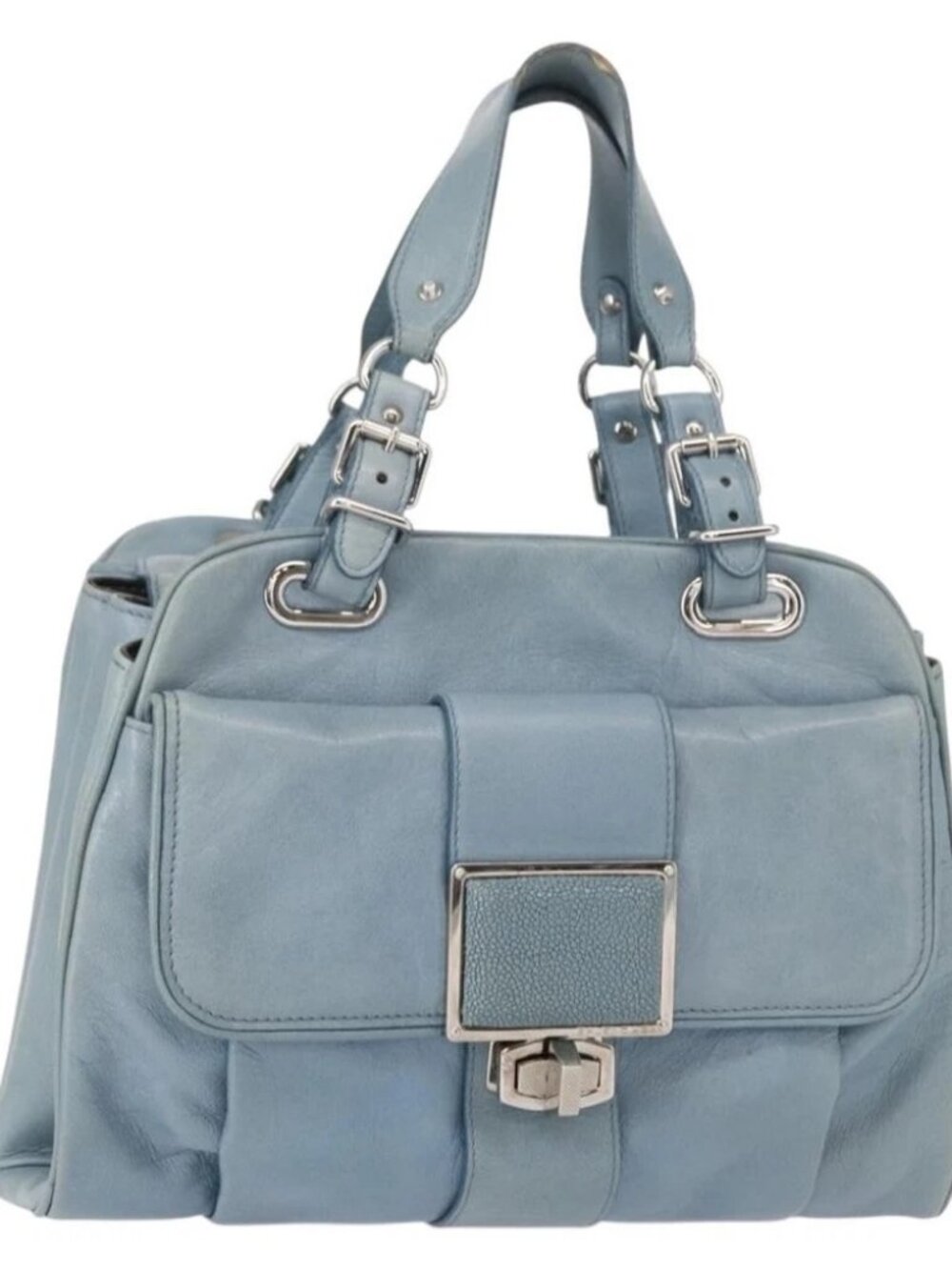 BALENCIAGA Hand Bag Leather Light Blue Silver Auth - Picture 1 of 16